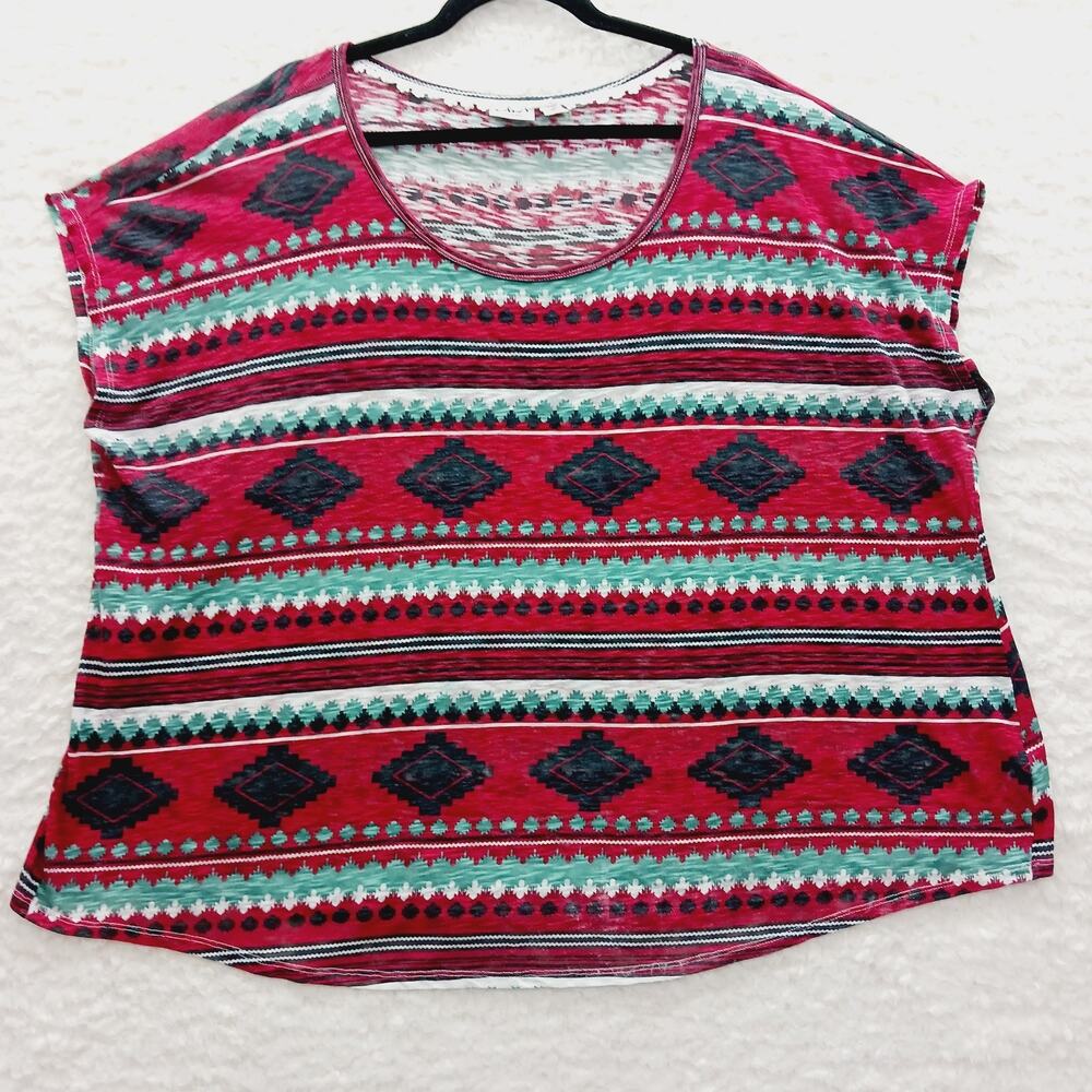 T-Shirt Women Red Boho Festival Aztec Tribal Summer Core Southwest Size 24 26